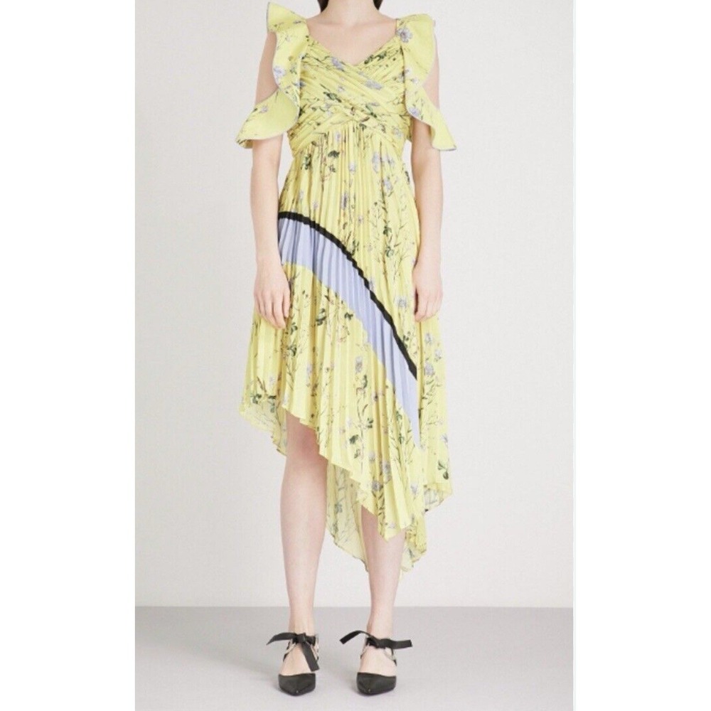 Self Portrait Womens Sleeveless Floral Pleated Asymmetrical Dress Yellow Size 10